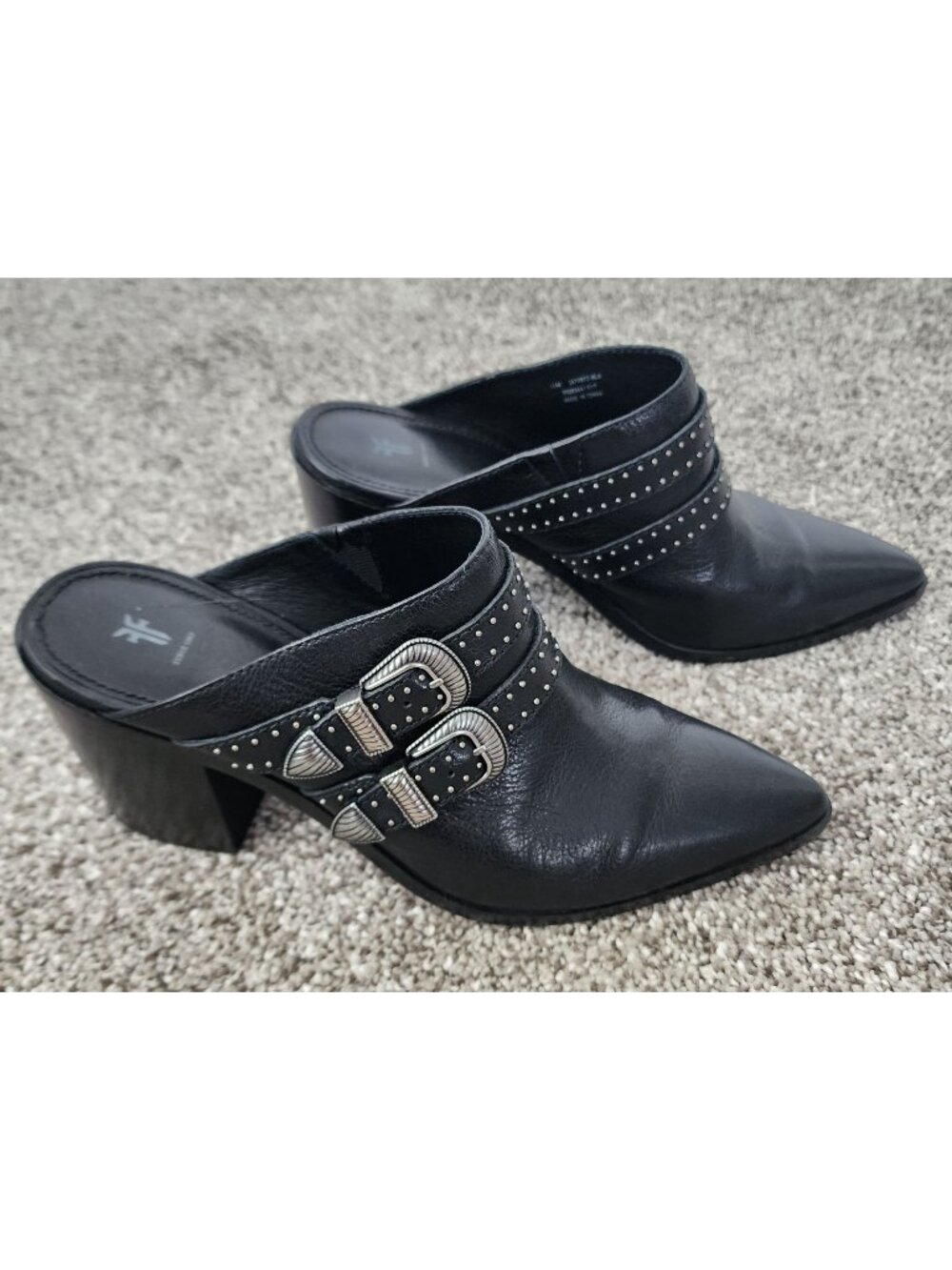 Frye black leather Flynn belted heeled pointed toe mules 10